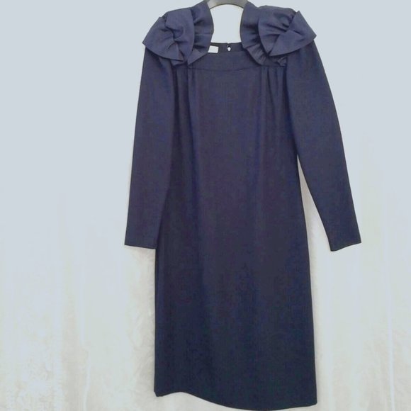 RARE Vintage Cezanne Midnight Navy Cocktail Dress, Statement Shoulders, Fits 8 - Picture 2 of 10